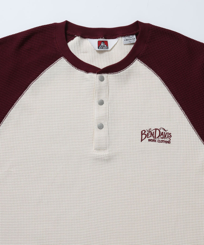 BIG WAFFLE L/S HENLEY / ワッフル ラグラン ヘンリー ユニセックス 長袖 ロンT ワイン