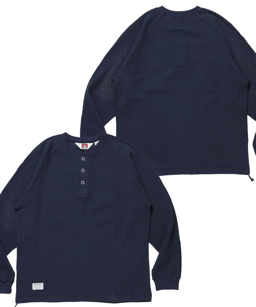 【BEN DAVIS（ベンデイビス）】BIG WAFFLE HENLEY WIDE P/O / ワッフル ヘンリー ネック ワイドシルエット ロンT ユニセックス 長袖 ネイビー