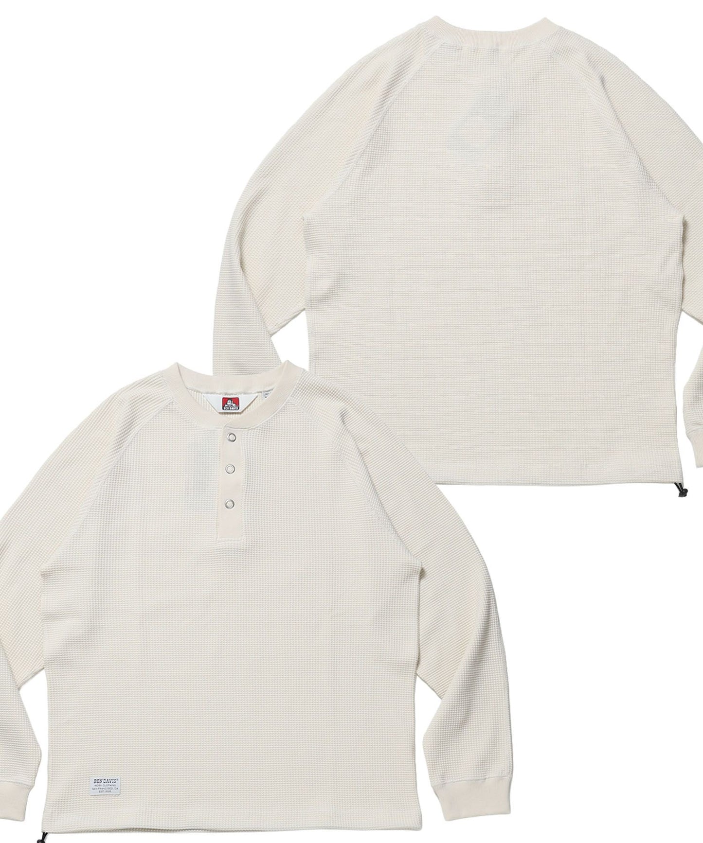 【BEN DAVIS（ベンデイビス）】BIG WAFFLE HENLEY WIDE P/O / ワッフル ヘンリー ネック ワイドシルエット ロンT ユニセックス 長袖 オフホワイト