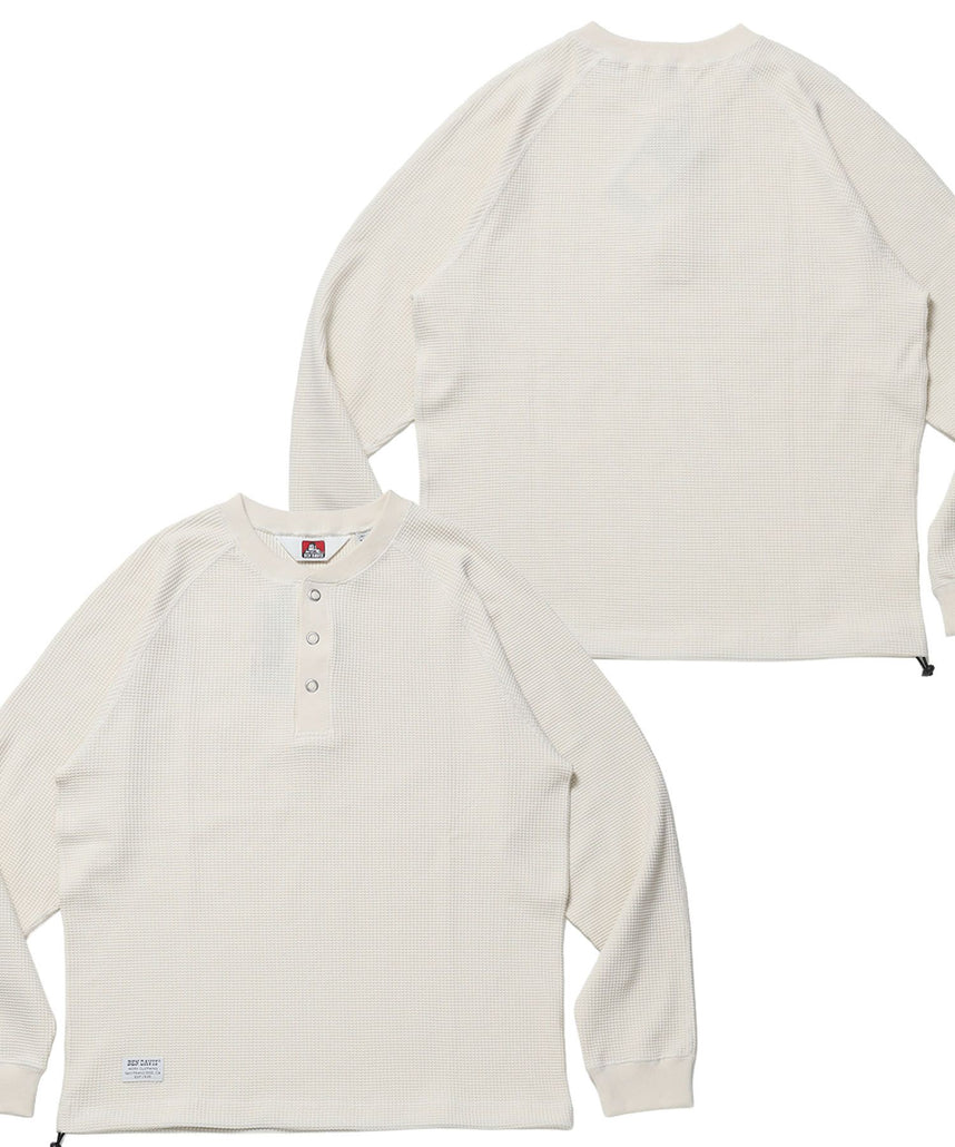 【BEN DAVIS（ベンデイビス）】BIG WAFFLE HENLEY WIDE P/O / ワッフル ヘンリー ネック ワイドシルエット ロンT ユニセックス 長袖 オフホワイト