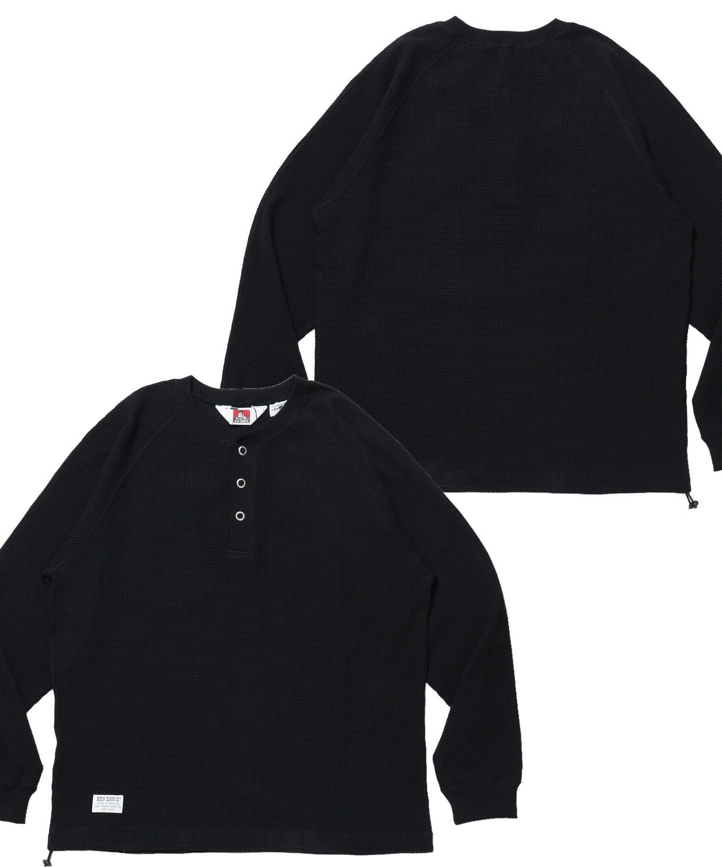 【BEN DAVIS（ベンデイビス）】BIG WAFFLE HENLEY WIDE P/O / ワッフル ヘンリー ネック ワイドシルエット ロンT ユニセックス 長袖 ブラック
