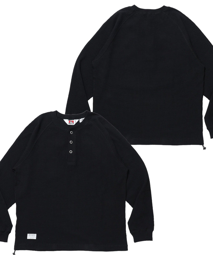 【BEN DAVIS（ベンデイビス）】BIG WAFFLE HENLEY WIDE P/O / ワッフル ヘンリー ネック ワイドシルエット ロンT ユニセックス 長袖 ブラック