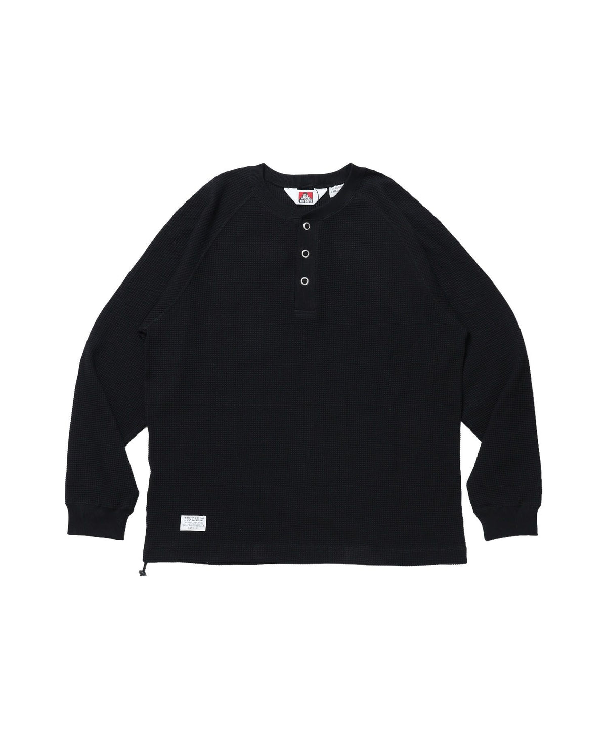 【BEN DAVIS（ベンデイビス）】BIG WAFFLE HENLEY WIDE P/O / ワッフル ヘンリー ネック ワイドシルエット ロンT ユニセックス 長袖 ブラック