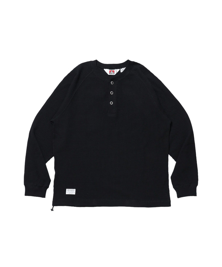 【BEN DAVIS（ベンデイビス）】BIG WAFFLE HENLEY WIDE P/O / ワッフル ヘンリー ネック ワイドシルエット ロンT ユニセックス 長袖 ブラック