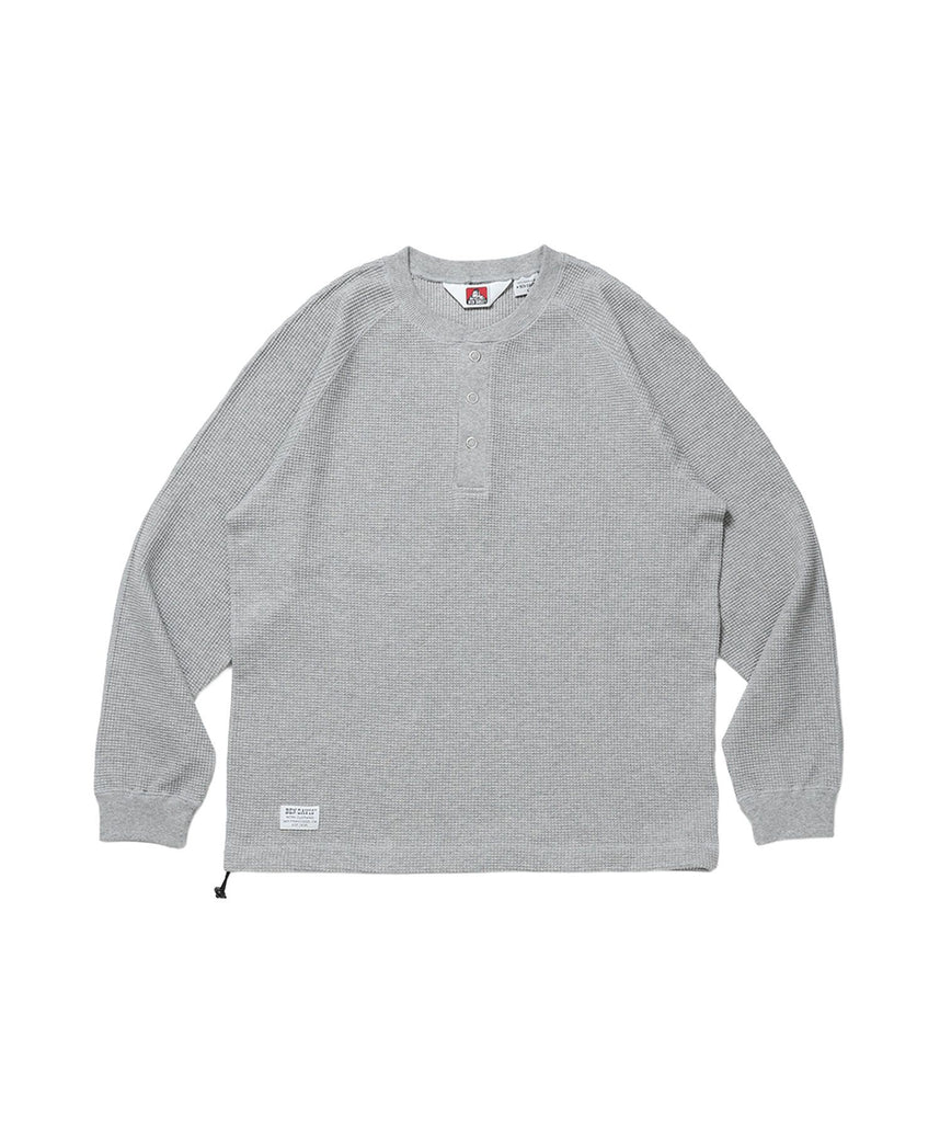 【BEN DAVIS（ベンデイビス）】BIG WAFFLE HENLEY WIDE P/O / ワッフル ヘンリー ネック ワイドシルエット ロンT ユニセックス 長袖 ライトグレー