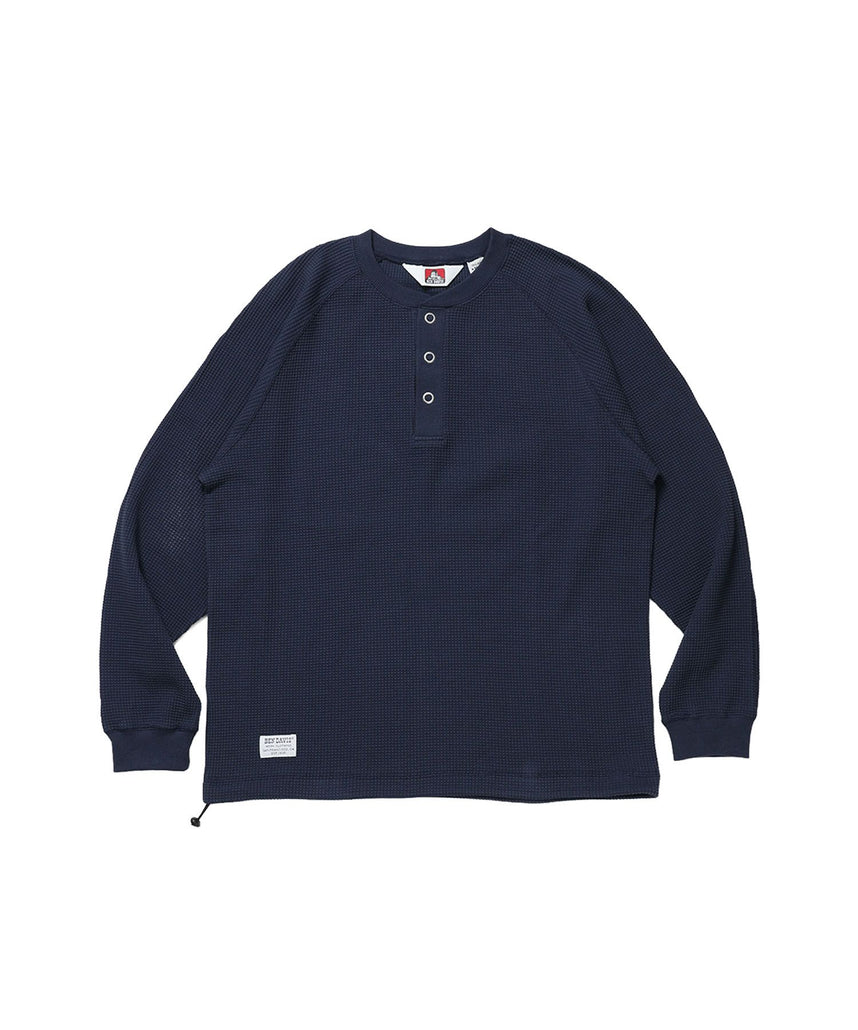 【BEN DAVIS（ベンデイビス）】BIG WAFFLE HENLEY WIDE P/O / ワッフル ヘンリー ネック ワイドシルエット ロンT ユニセックス 長袖 ネイビー