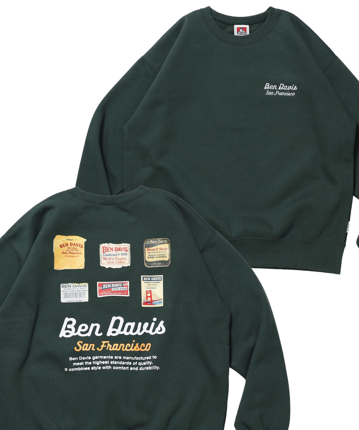 【BEN DAVIS（ベンデイビス）】Graphic Sweatshirt / スウェット クルーネック グラフィック 裏起毛 ユニセックス ダークグリーン