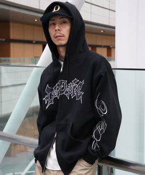 SPIKY LOGO ZIP HOODIE / ジップフーディ ツイルワッペン 刺繍 フロントロゴ 裏起毛 ストリート カジュアル ユニセックス ブラック
