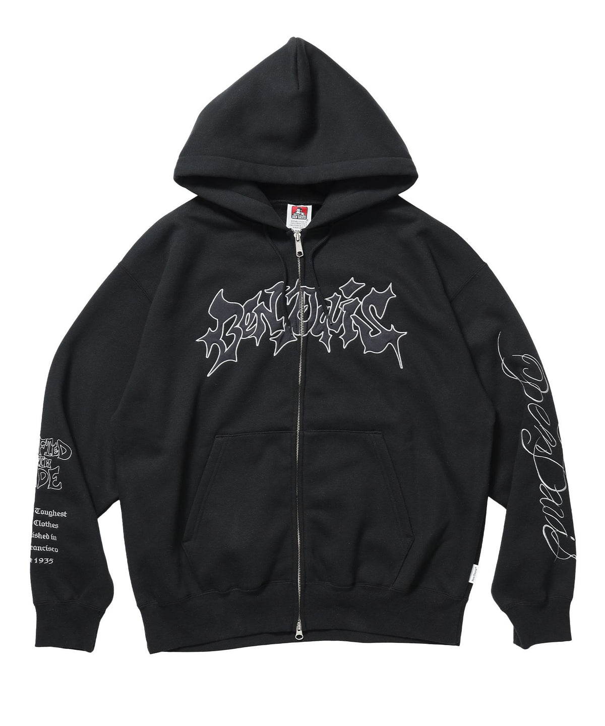 【BEN DAVIS（ベンデイビス）】SPIKY LOGO ZIP HOODIE / ジップフーディ ツイルワッペン 刺繍 フロントロゴ 裏起毛 ストリート カジュアル ユニセックス ブラック