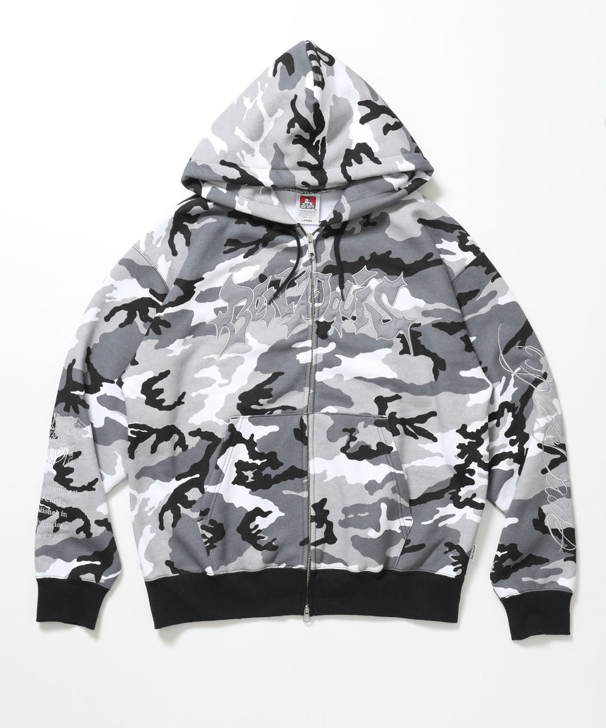 【BEN DAVIS（ベンデイビス）】SPIKY LOGO ZIP HOODIE / ジップフーディ ツイルワッペン 刺繍 フロントロゴ 裏起毛 ストリート カジュアル ユニセックス 柄80