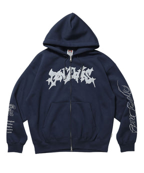 SPIKY LOGO ZIP HOODIE / ジップフーディ ツイルワッペン 刺繍 フロントロゴ 裏起毛 ストリート カジュアル ユニセックス ネイビー