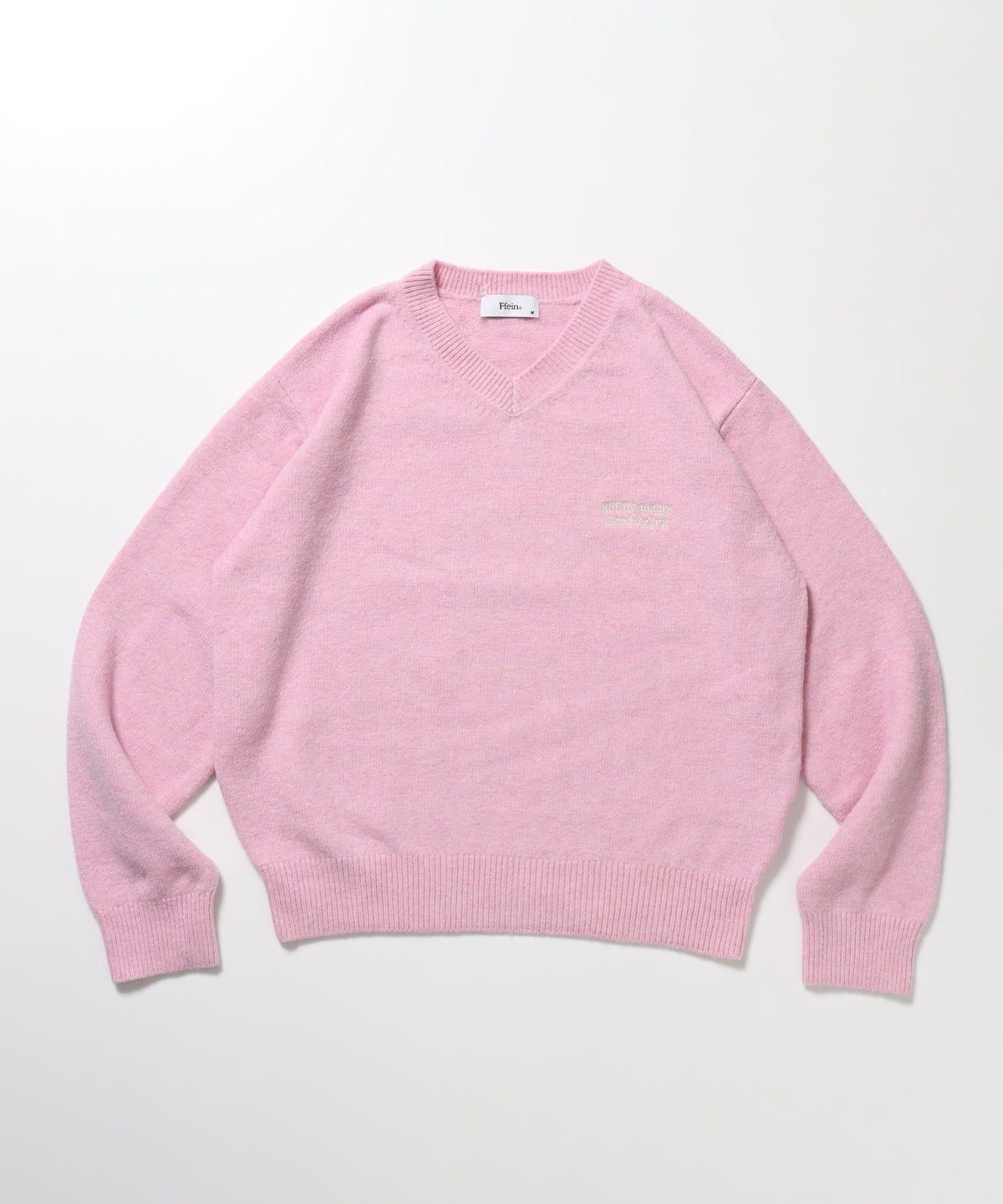 【FFEIN(フェイン)】ウール混Vネックニット / ウール混 刺繍 ニット Vネック ユニセックス ピンク