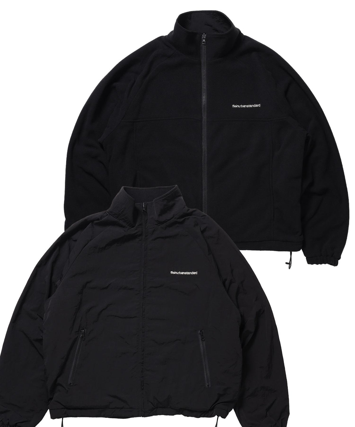 【FFEIN(フェイン)】リバーシブル撥水加工ナイロンフリースジャケット /リバーシブル ナイロン フリース スタンド フルジップ 刺繍 ワンポイント ドローコード ブラック