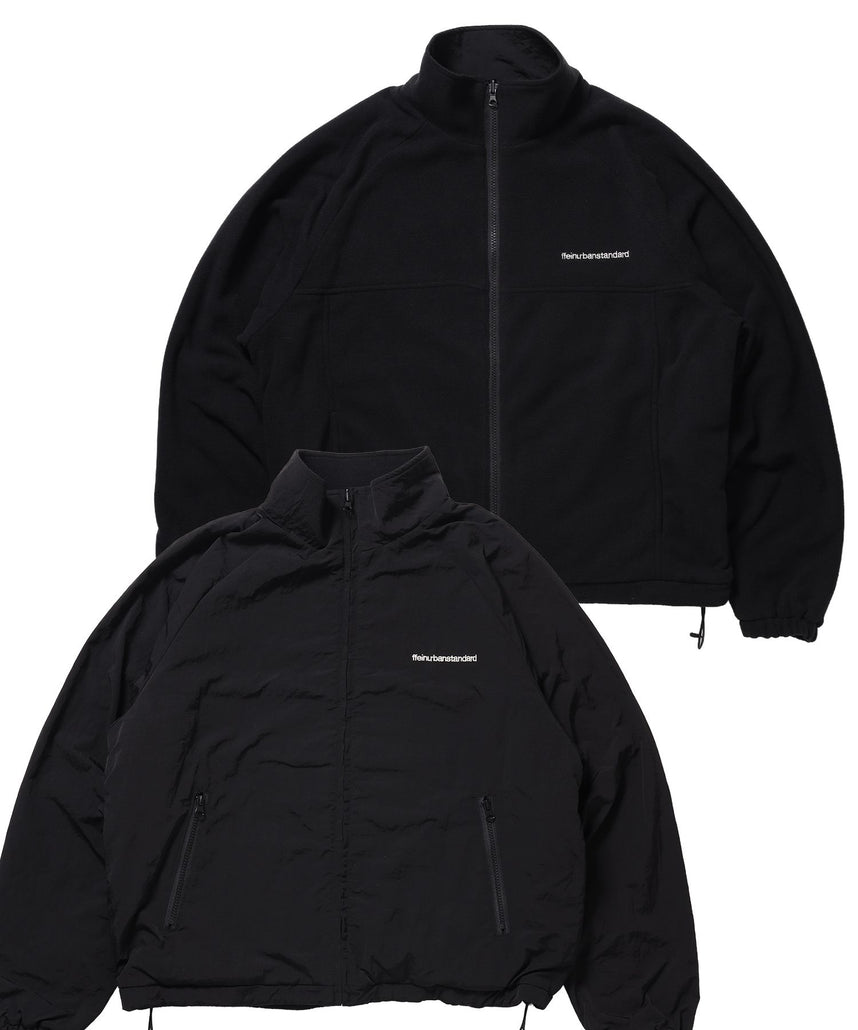 【FFEIN(フェイン)】リバーシブル撥水加工ナイロンフリースジャケット /リバーシブル ナイロン フリース スタンド フルジップ 刺繍 ワンポイント ドローコード ブラック