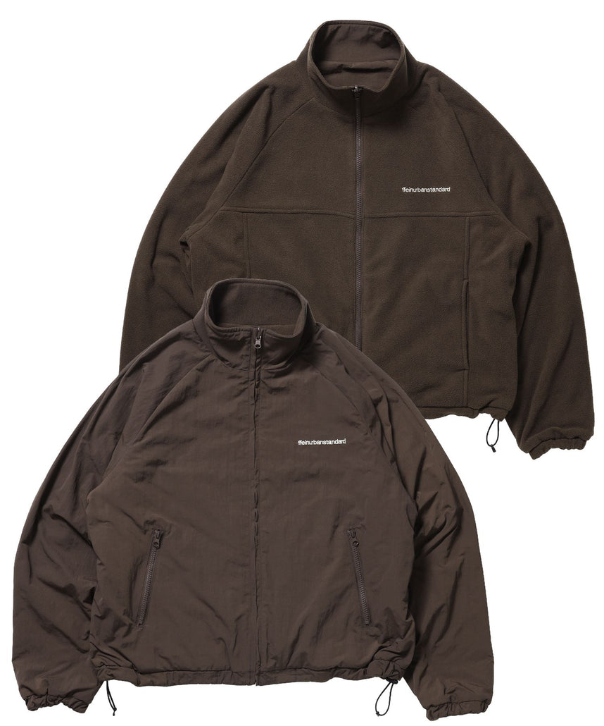 【FFEIN(フェイン)】リバーシブル撥水加工ナイロンフリースジャケット /リバーシブル ナイロン フリース スタンド フルジップ 刺繍 ワンポイント ドローコード ブラウン