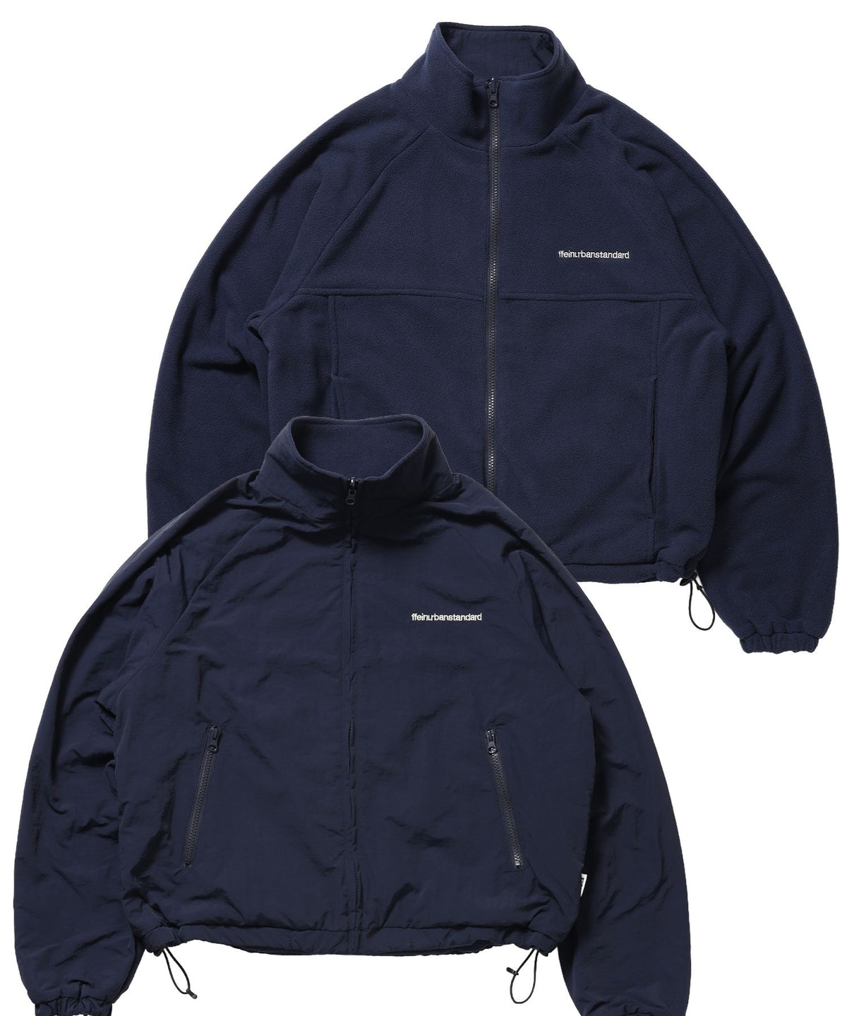 【FFEIN(フェイン)】リバーシブル撥水加工ナイロンフリースジャケット /リバーシブル ナイロン フリース スタンド フルジップ 刺繍 ワンポイント ドローコード ネイビー