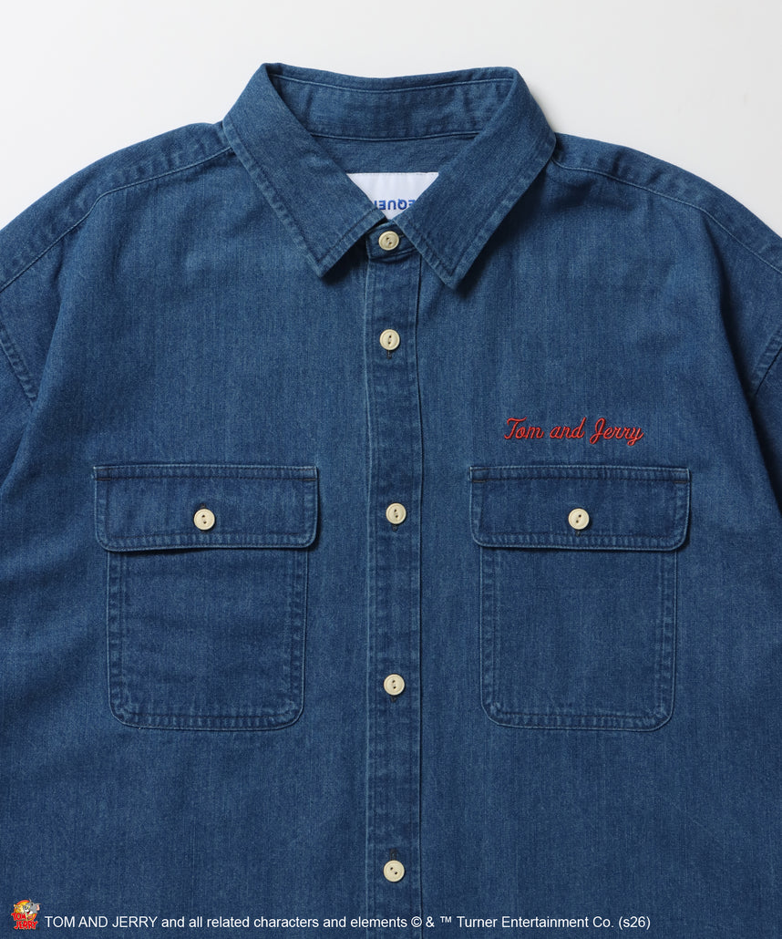 TJ EMB. DENIM SHIRTS / トムとジェリー シャツ オーバーサイズ 半袖 刺繍 ワンポイント プリント デニム ユニセックス 加工 ネイビー