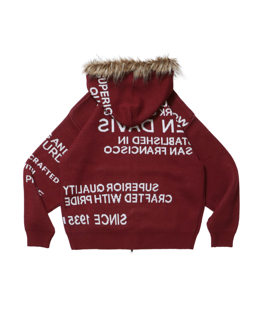 FAUX FUR TRIM KNIT JACKET / オーバーサイズ ニット ファー ジップパーカー フーディ ダブルジップ バーガンディー