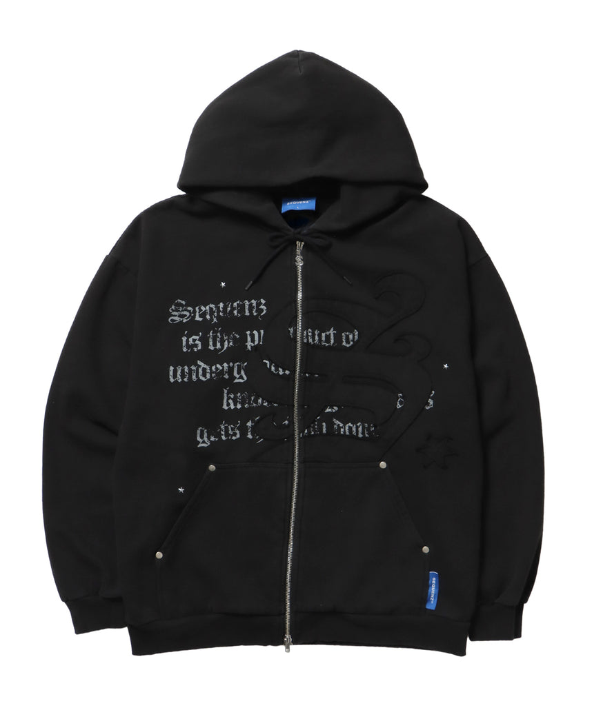 SQNZ ZIP P/K / ジップパーカー 裏起毛 フーディ スタッズ 加工 ワッペン プリント ブラック