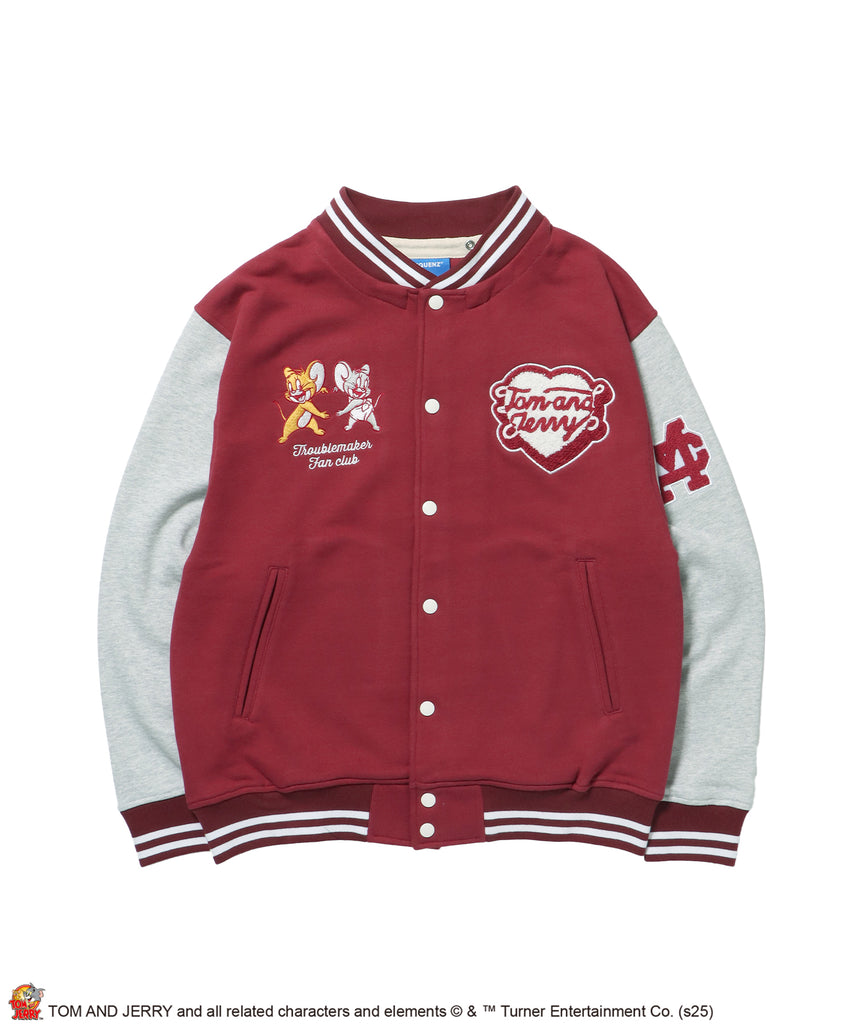 TJ HOODED STADIUM JACKET / 2WAY スタジャン フード取り外し可能 ドロップショルダー ワッペン 刺繍 ワイン