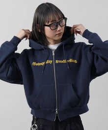 センター3D刺繍立体フードショート丈ZIPパーカー / レディース パーカー 裏起毛 ヘビーウエイト フーディ ダブルジップ 【短丈】 ネイビー