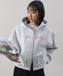 センター3D刺繍立体フードショート丈ZIPパーカー / レディース パーカー 裏起毛 ヘビーウエイト フーディ ダブルジップ 【短丈】 アッシュグレー