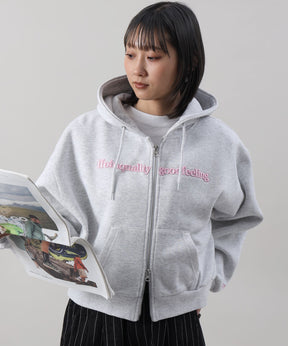 センター3D刺繍立体フードショート丈ZIPパーカー / レディース パーカー 裏起毛 ヘビーウエイト フーディ ダブルジップ 【短丈】 アッシュグレー