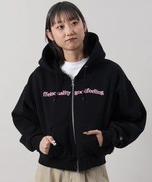 センター3D刺繍立体フードショート丈ZIPパーカー / レディース パーカー 裏起毛 ヘビーウエイト フーディ ダブルジップ 【短丈】 ブラック