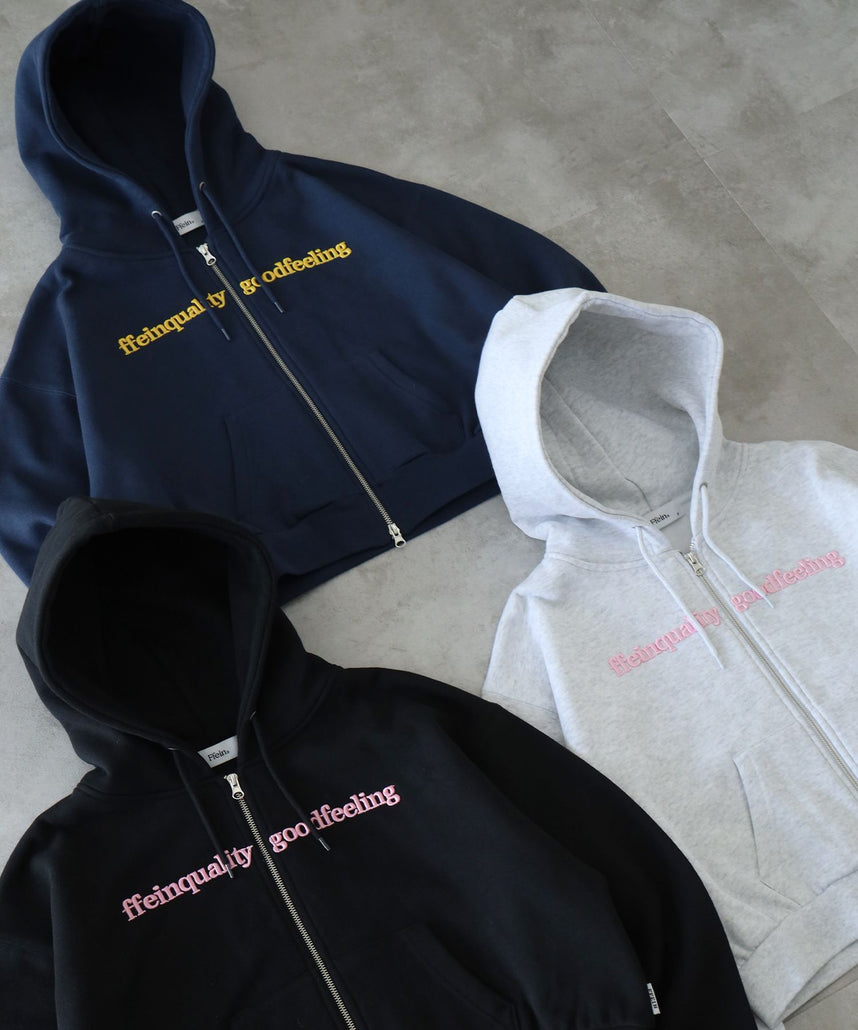センター3D刺繍立体フードショート丈ZIPパーカー / レディース パーカー 裏起毛 ヘビーウエイト フーディ ダブルジップ 【短丈】 ネイビー