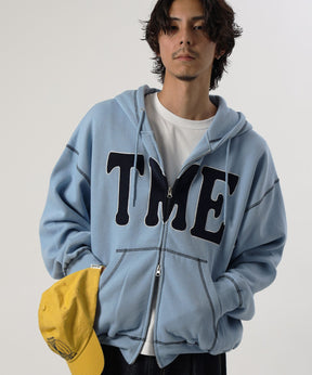 ヘビーウエイト配色ステッチ立体フードジップパーカー / フーディ スウェット ロゴ刺繍 ユニセックス 秋冬 サックスブルー