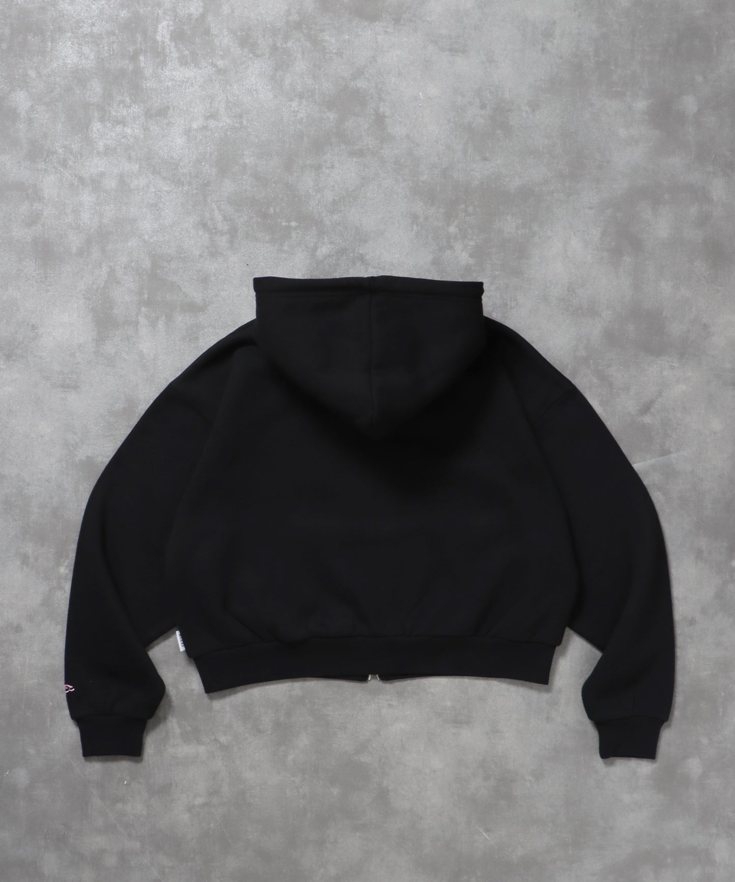 センター3D刺繍立体フードショート丈ZIPパーカー / レディース パーカー 裏起毛 ヘビーウエイト フーディ ダブルジップ 【短丈】 ブラック