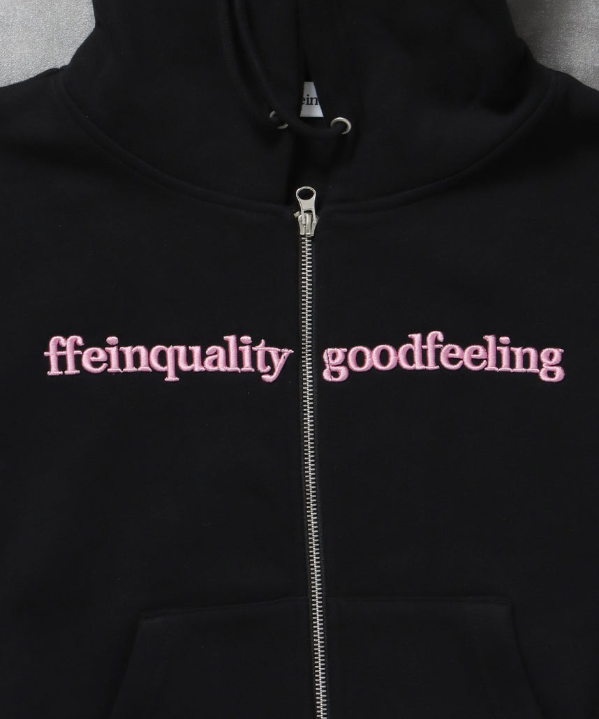 センター3D刺繍立体フードショート丈ZIPパーカー / レディース パーカー 裏起毛 ヘビーウエイト フーディ ダブルジップ 【短丈】 ブラック