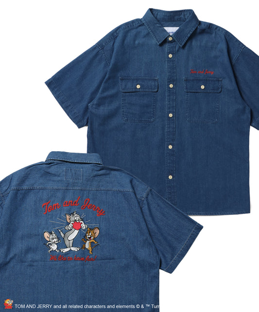 TJ EMB. DENIM SHIRTS / トムとジェリー シャツ オーバーサイズ 半袖 刺繍 ワンポイント プリント デニム ユニセックス 加工 ネイビー