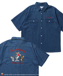 TJ EMB. DENIM SHIRTS / トムとジェリー シャツ オーバーサイズ 半袖 刺繍 ワンポイント プリント デニム ユニセックス 加工 ネイビー