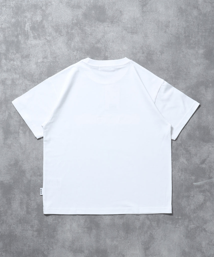 立体チェックプリントロゴショート丈Tシャツ/ クルーネック 半袖 刺繍 【短丈】 ホワイト