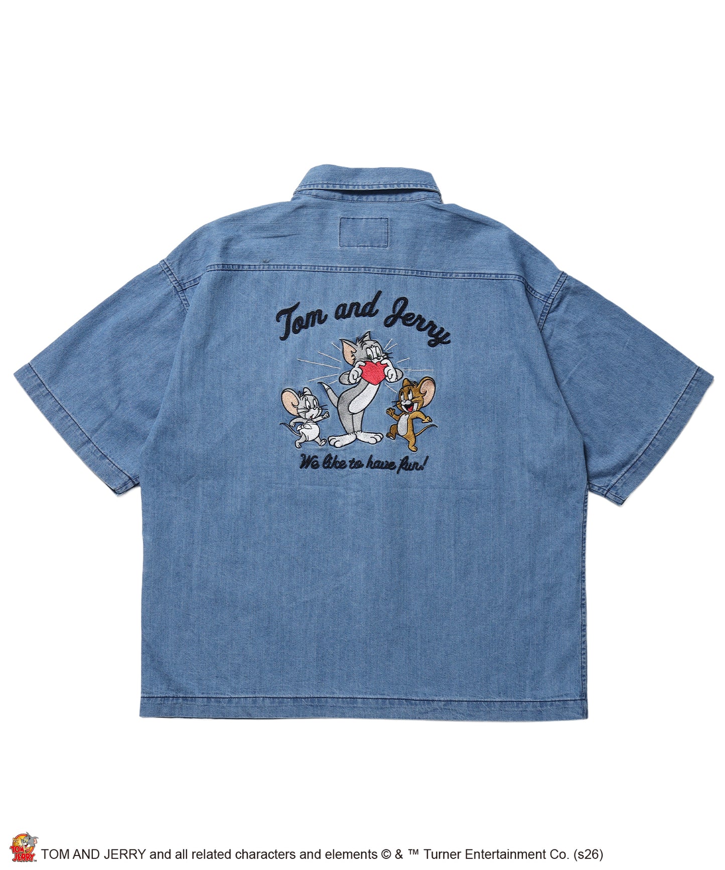 TJ EMB. DENIM SHIRTS / トムとジェリー シャツ オーバーサイズ 半袖 刺繍 ワンポイント プリント デニム ユニセックス 加工 サックスブルー