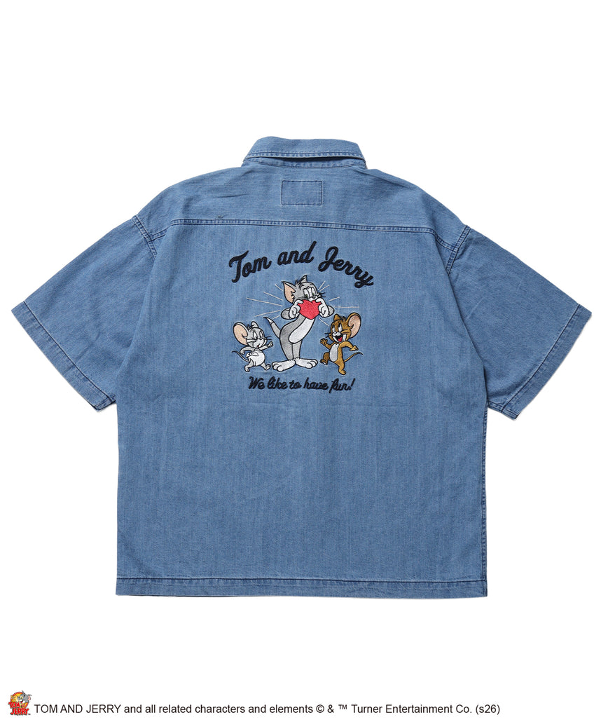 TJ EMB. DENIM SHIRTS / トムとジェリー シャツ オーバーサイズ 半袖 刺繍 ワンポイント プリント デニム ユニセックス 加工 サックスブルー