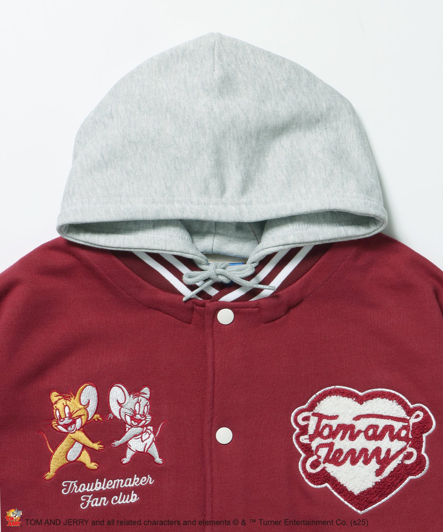 TJ HOODED STADIUM JACKET / 2WAY スタジャン フード取り外し可能 ドロップショルダー ワッペン 刺繍 ワイン