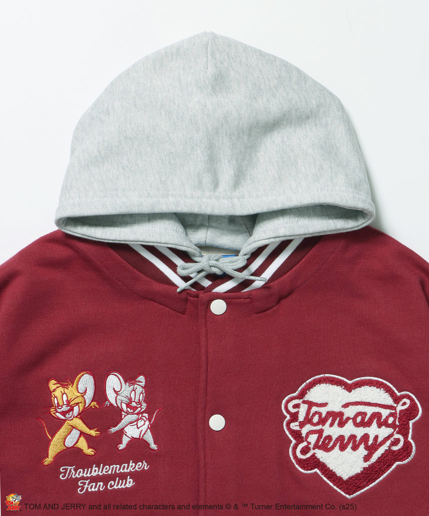 TJ HOODED STADIUM JACKET / 2WAY スタジャン フード取り外し可能 ドロップショルダー ワッペン 刺繍 ワイン