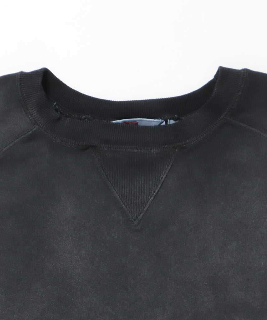 70'S FIT F-SLEEVE CREW / 加工 裏起毛 クルーネック スウェット ラグラン 短丈 裏毛 ブラック