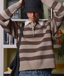 三段ロゴアソート襟ポロニット / ポロシャツ ニット ボーダー 刺繍 ワンポイント A