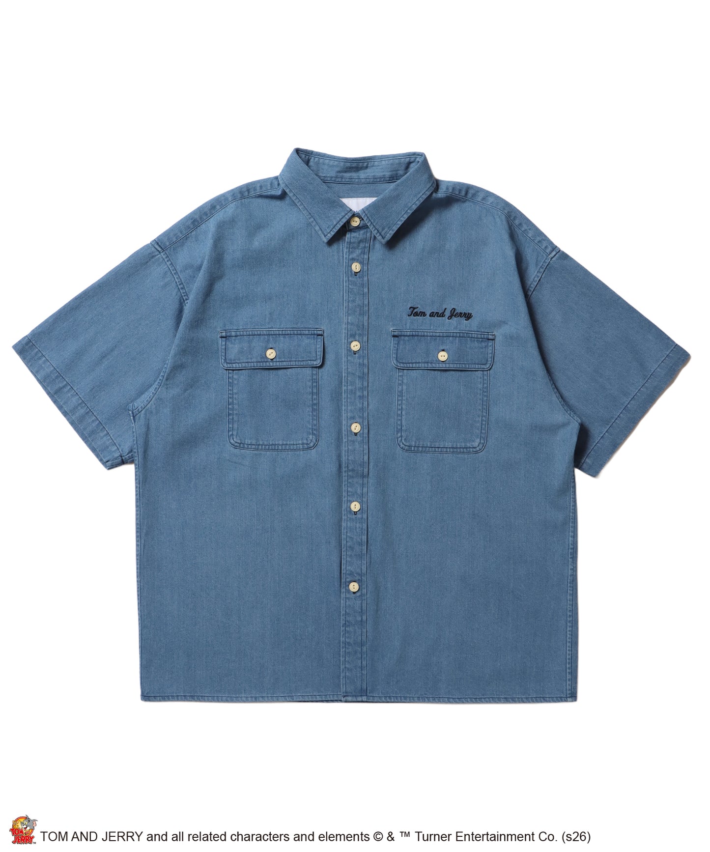 TJ EMB. DENIM SHIRTS / トムとジェリー シャツ オーバーサイズ 半袖 刺繍 ワンポイント プリント デニム ユニセックス 加工 サックスブルー
