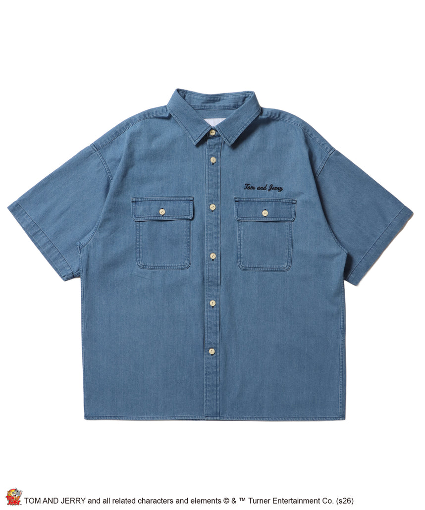 TJ EMB. DENIM SHIRTS / トムとジェリー シャツ オーバーサイズ 半袖 刺繍 ワンポイント プリント デニム ユニセックス 加工 サックスブルー