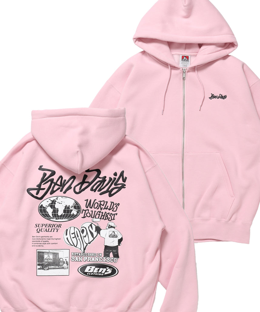 TAGGING ZIP HOODIE / ジップパーカー フード タグ 刺繍 裏起毛 ユニセックス ピンク