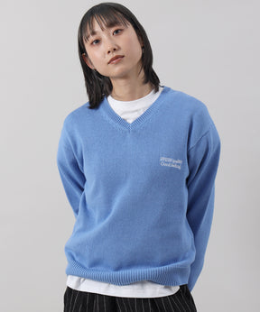 ワンポイントロゴVネックニット/ ニット Vネック 刺繍 ワンポイント 長袖 【短丈】 ブルー