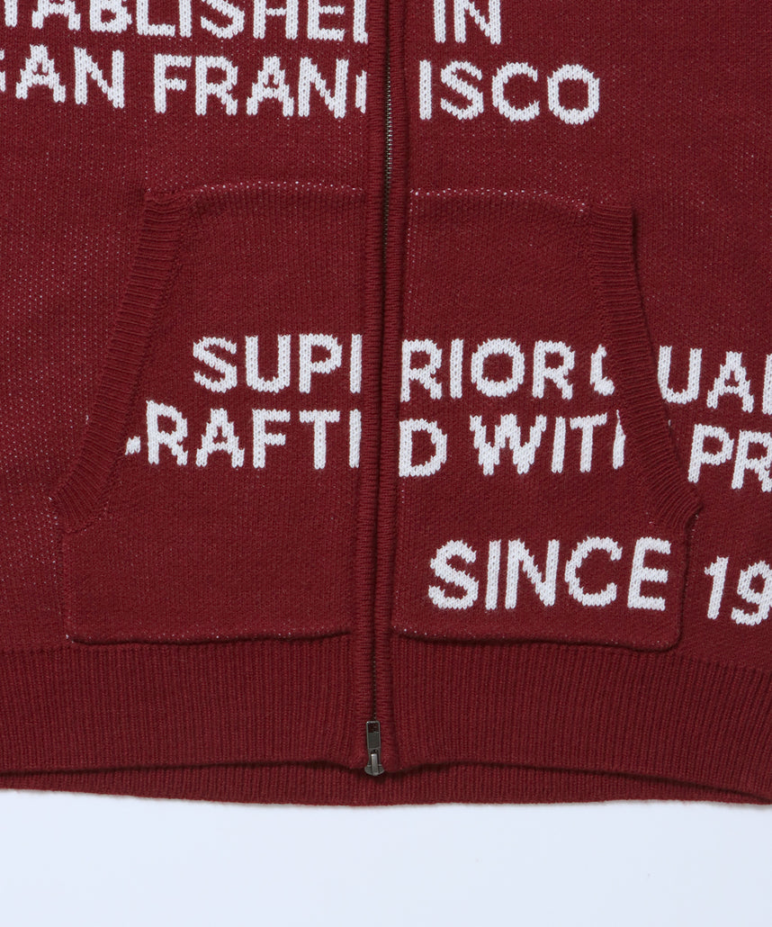 FAUX FUR TRIM KNIT JACKET / オーバーサイズ ニット ファー ジップパーカー フーディ ダブルジップ バーガンディー