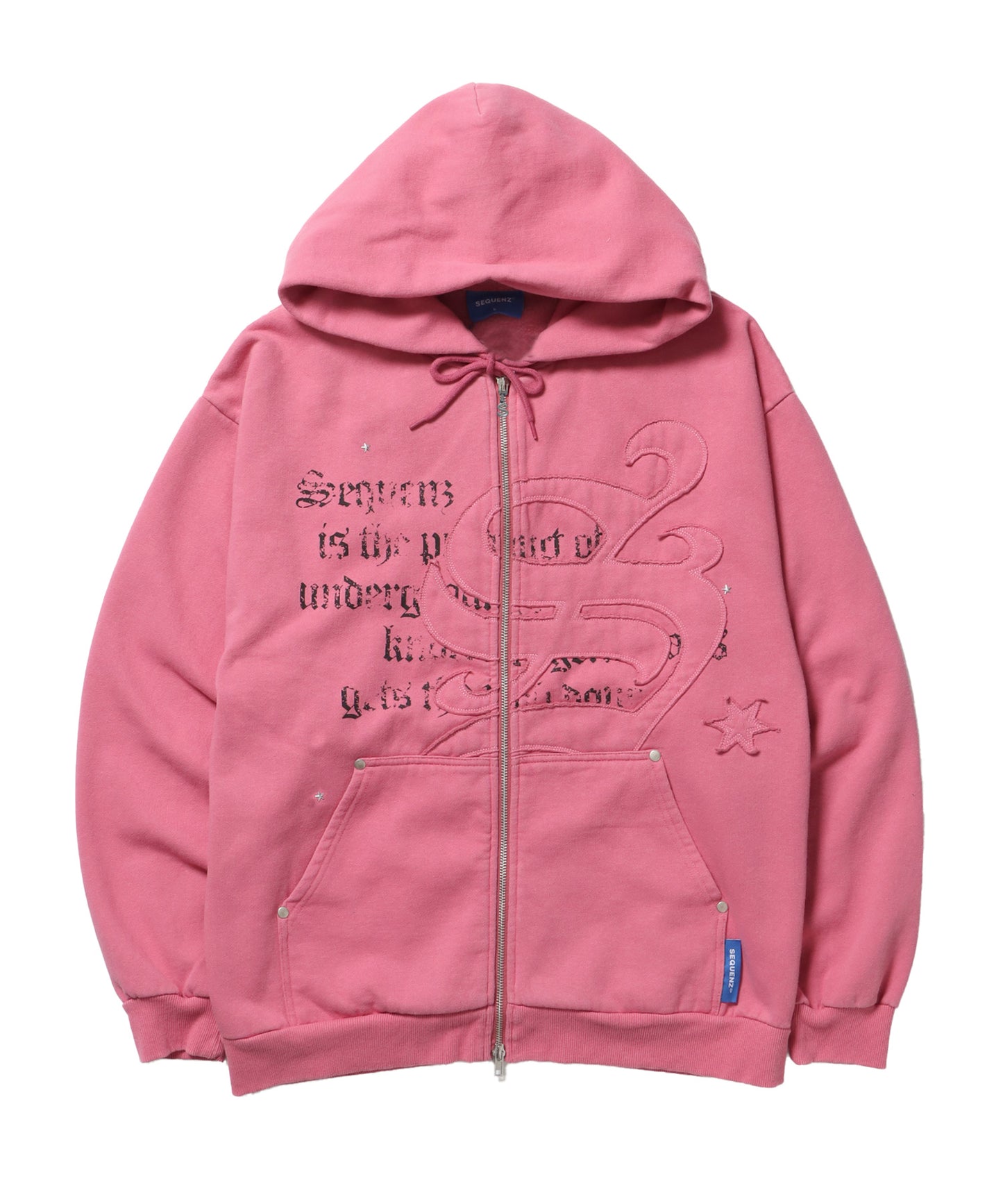 SQNZ ZIP P/K / ジップパーカー 裏起毛 フーディ スタッズ 加工 ワッペン プリント ピンク