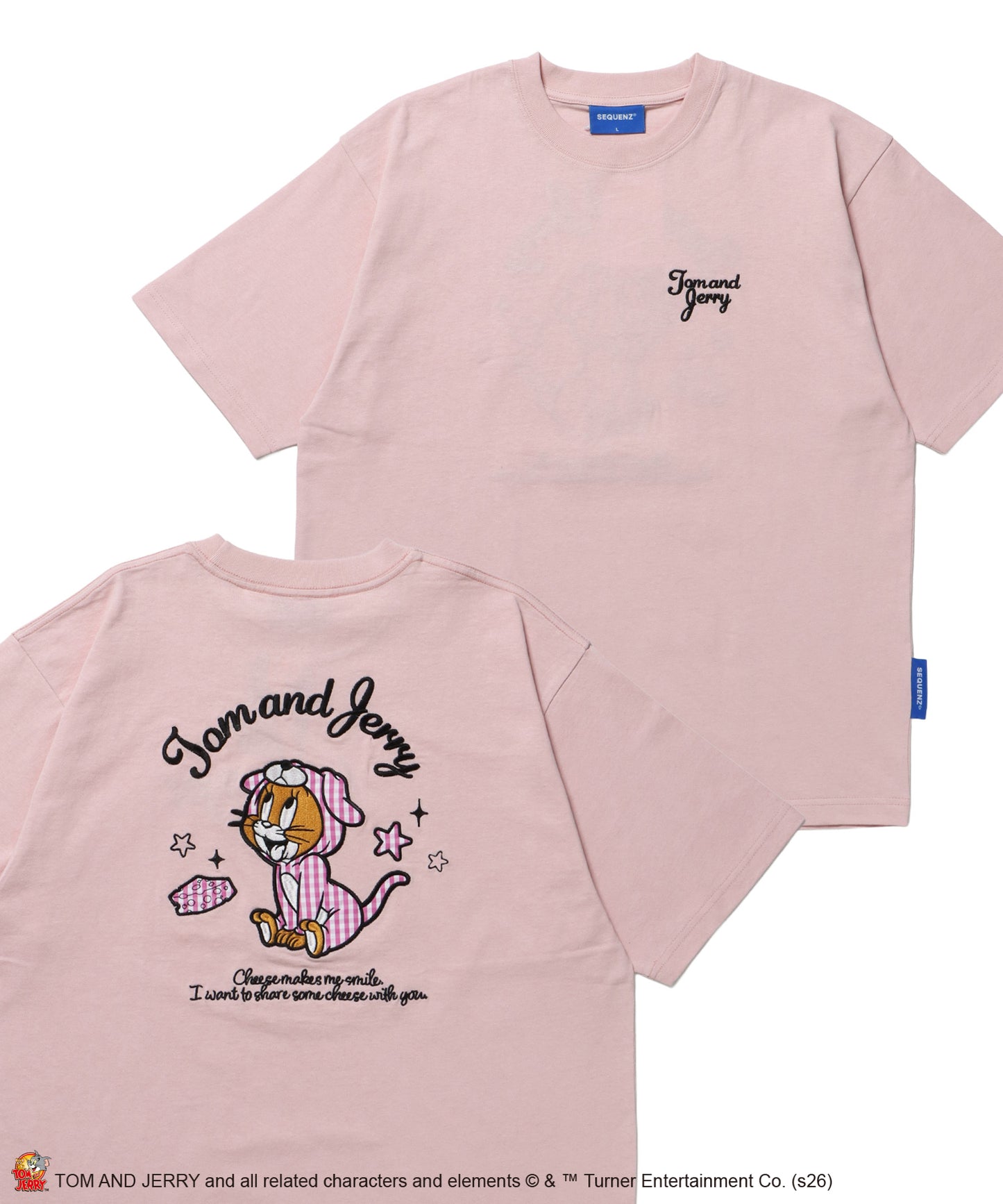 TJ GINGHAM DOG TEE / トムとジェリー 半袖 クルーネック 刺繍 ワンポイント ワッペン ユニセックス オーバーサイズ レイヤード ライトピンク