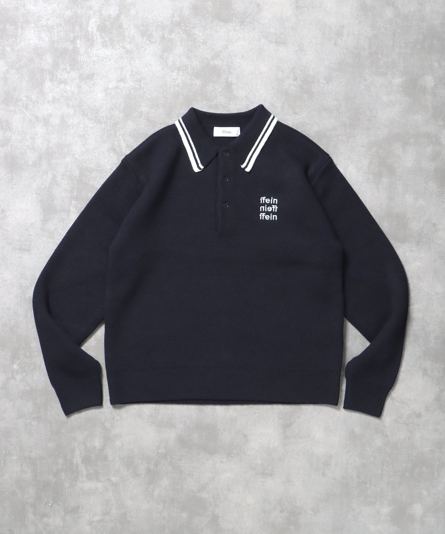 三段ロゴアソート襟ポロニット / ポロシャツ ニット ボーダー 刺繍 ワンポイント ネイビー