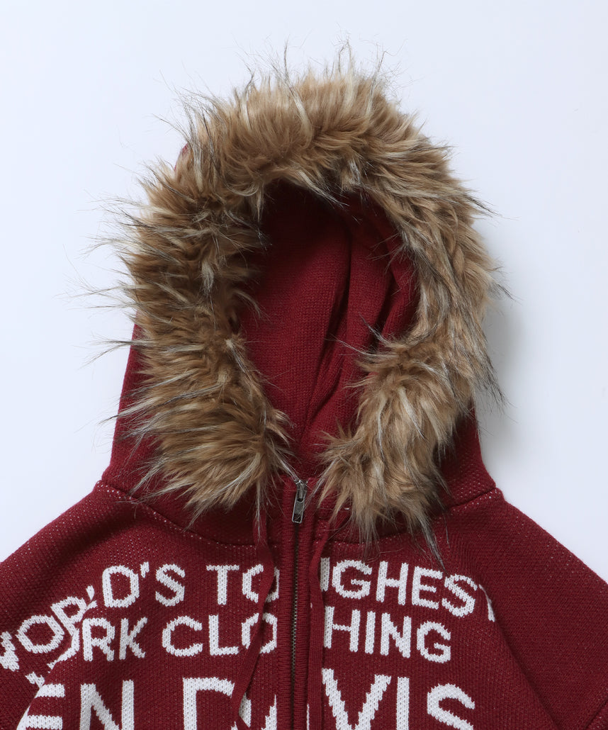 FAUX FUR TRIM KNIT JACKET / オーバーサイズ ニット ファー ジップパーカー フーディ ダブルジップ バーガンディー